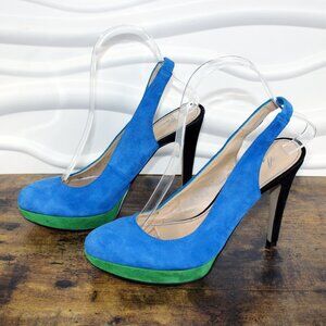 MARC FISHER Denise 6 Blue Green Suede Heels Color Block Pumps Platform Slingback
